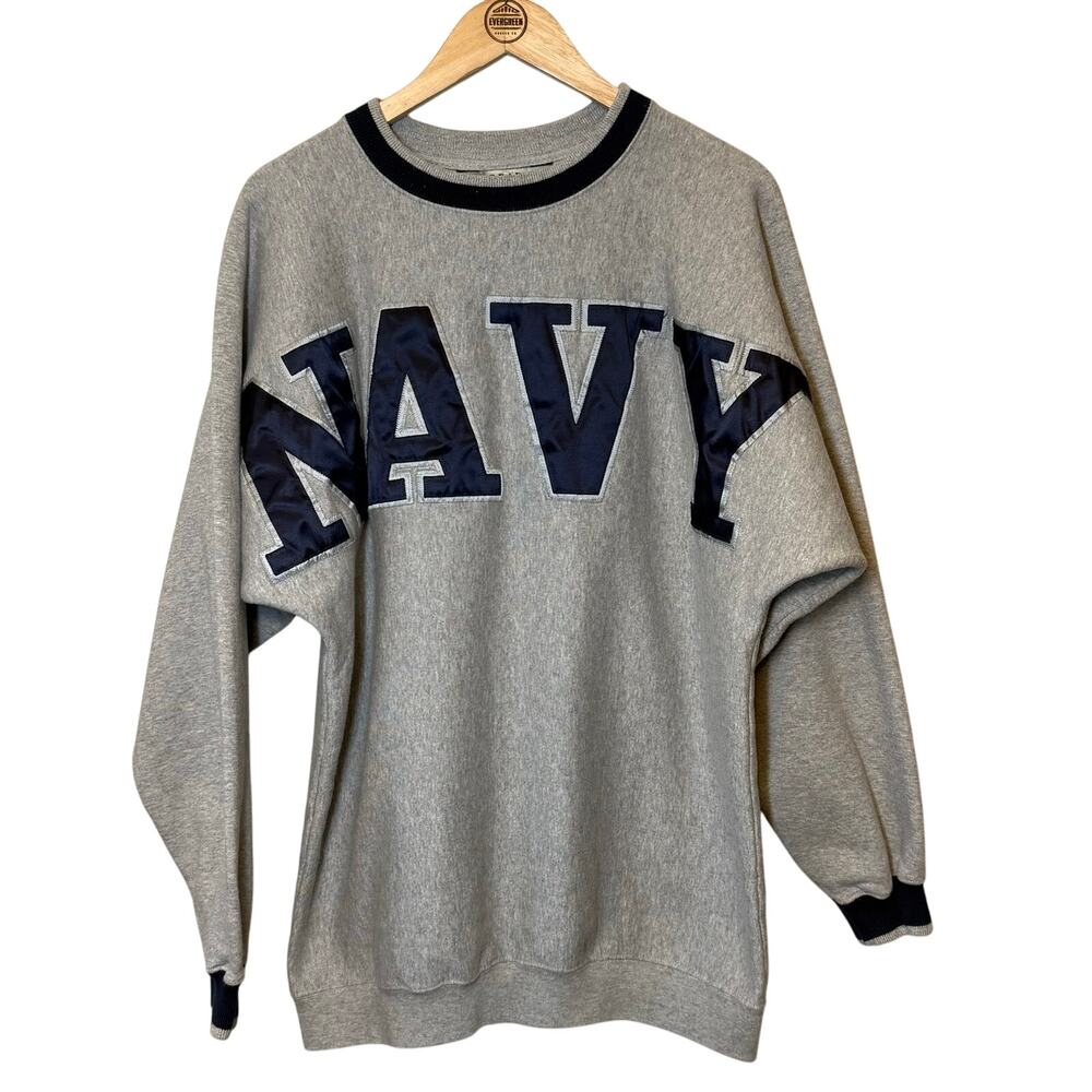 VTG US Navy Sweatshirt Oversized Twill Embroidered Gear For Sports Gray Unisex L
